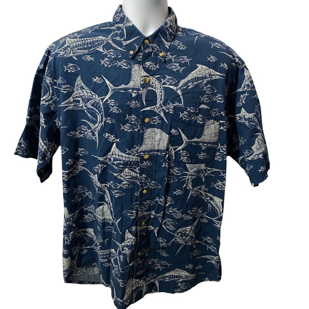 Vintage Bimini Bay Outfitters Fish Print Button Down Shirt Cotton Large